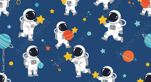 Adorable astronauts playfully interact with colorful planets and twinkling stars creating an imaginative outer space seamless pattern.