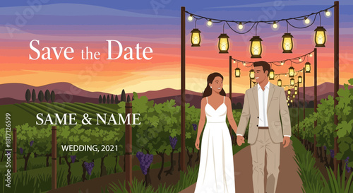 Elegant vineyard wedding invitation card with couple at sunset creating memories