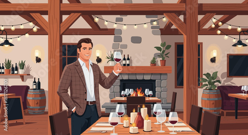 Elegant gentleman raising a wine glass in the sophisticated restaurant ambience