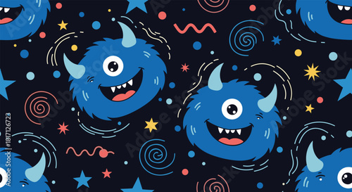 Adorable blue cartoon monsters with horns are playfully scattered among twinkling stars and swirls creating a cheerful seamless pattern.