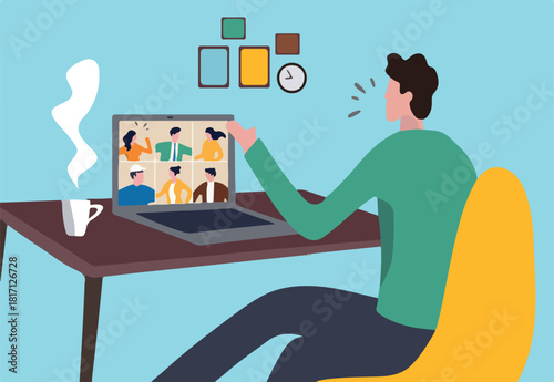 Work from home video conference meeting with team in social distancing Coronavirus COVID-19 pandemic concept, office guy stay home working at home chair conference meeting with team on laptop computer