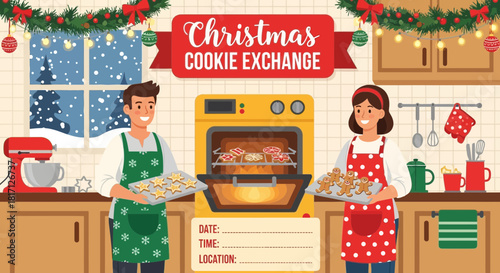 Festive Christmas Cookie Exchange Party Invitation with Baking Preparations