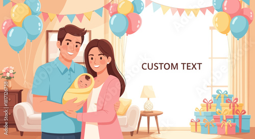 Delightful family celebration vector with newborn baby and blank text space