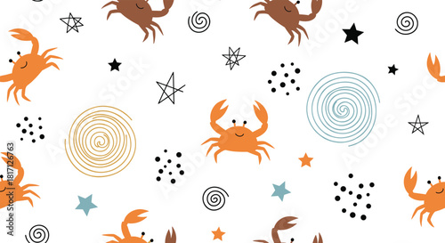 Adorable cartoon crabs are playfully scuttling among abstract stars and swirling lines creating a cheerful seamless pattern.
