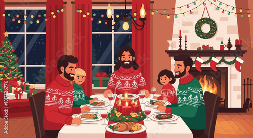 Heartwarming festive family celebration, gathering around the table on christmas eve