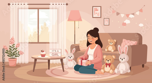 Enthusiastic mother unwrapping a lovely present in a delightfully decorated baby shower