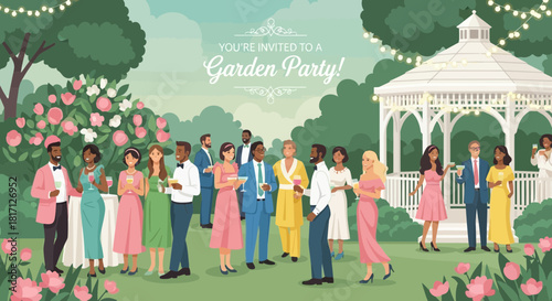 Elegant garden party with diverse guests celebrating in festive atmosphere