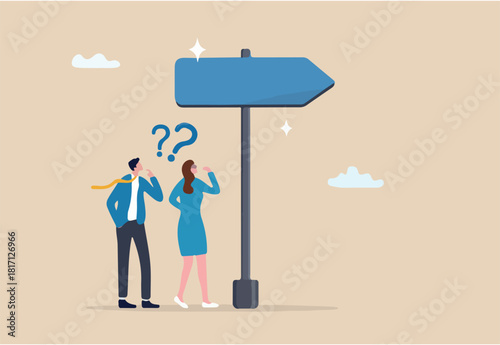 Doubt, unsure or uncertainty, decision to go right way, confusion, problem or choose direction, contemplation for career opportunity concept, business people think with question mark to go right way. 