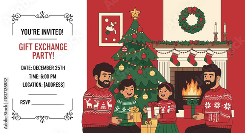 Festive holiday gift exchange invitation with family gathering near decorated tree
