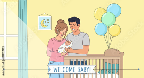 Illustration of a young family celebrating the arrival of their newborn baby