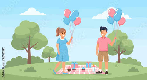 Joyful gender reveal picnic with balloons and gifts in a park illustration