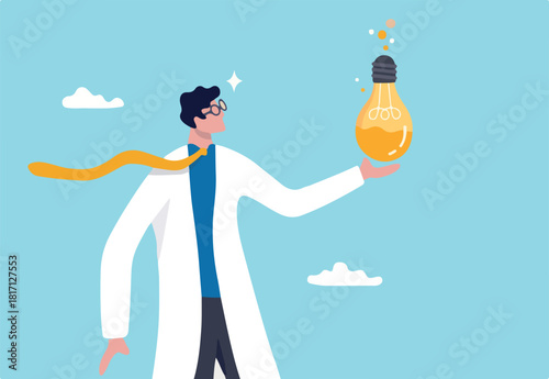 Experiment new creative idea, research to discover and invent new product, entrepreneurship mindset or business analysis concept, businessman experimenting new idea lightbulb to invent new product. 