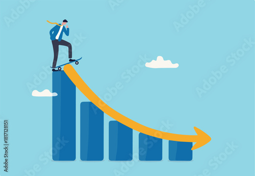 Prepare for economic down fall, collapse recession or financial crisis causing stock and crypto market to fall down concept, thoughtful businessman with skate board prepare to run down financial graph