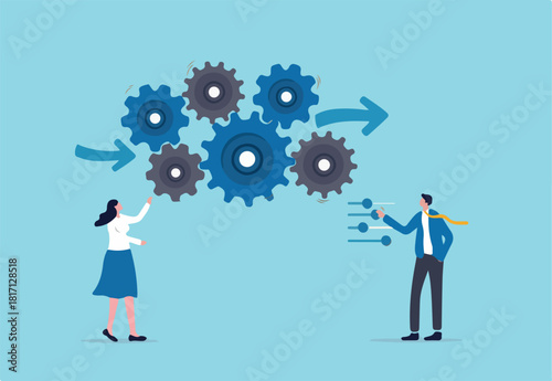 Workflow management, working process optimization for best outcome, team management or development plan and procedure concept, businessman manager optimizing cogwheels
