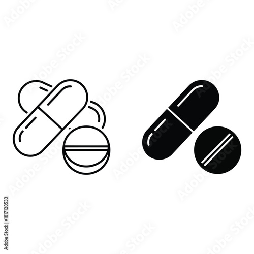Two styles of medical pills and capsules icons for healthcare and medicine