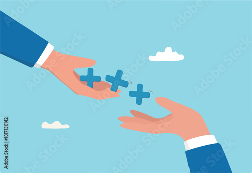 Forward positivity, growth mindset or success attitude, positive feedback, happiness or encourage people, support or optimistic concept, businessman hand forward positive plus sign to colleagues.