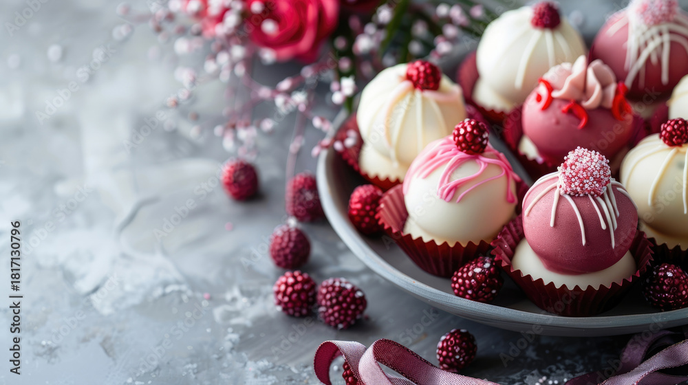Fototapeta premium A plate of beautifully decorated cupcakes in pink and white colors. The cupcakes are topped with various designs, fresh raspberries and flowers. copy space, free space for text