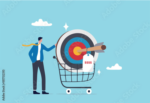 Marketing and pricing strategy to sell product, sale and discount, advertising target or market analysis concept, businessman marketer holding big arrow target with price tag in shopping cart.