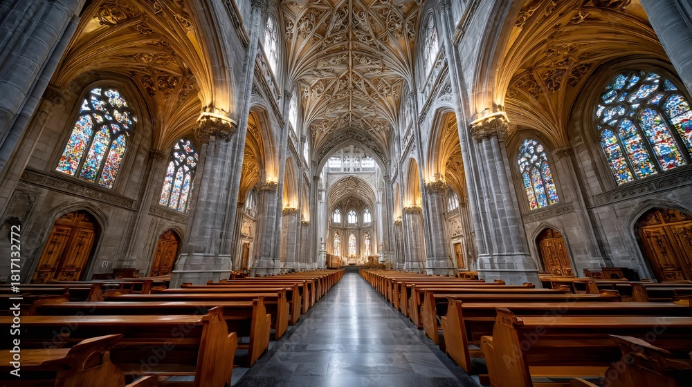Obraz premium Nave interior of a gothic cathedral with stained glass