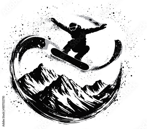 A bold snowboarder carving a high-energy turn against a stylized mountain backdrop, surrounded by a dramatic spray-paint arc that conveys motion, adrenaline, and outdoor adventure