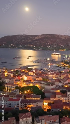 scenic aerial perspective of calm coastal town featuring bright rooftops and gentle bay waters. Porto-Vecchio. France