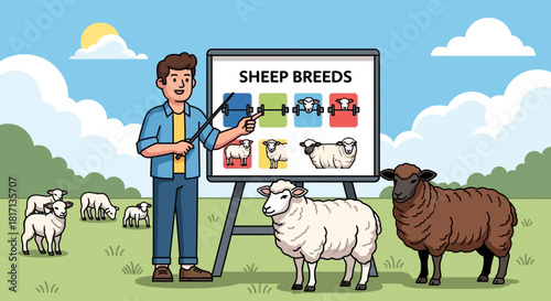 Illustrated presentation of sheep breeds in a pastoral setting educational illustration