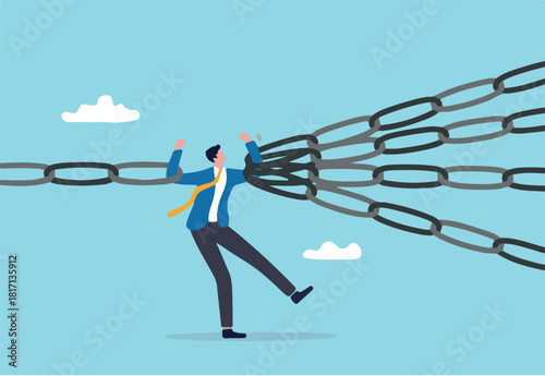Single point of failure, risk or vulnerable weak point to make all system down, important point to hazard or beware danger concept, businessman at try so hard to hold multiple chain to avoid failure.