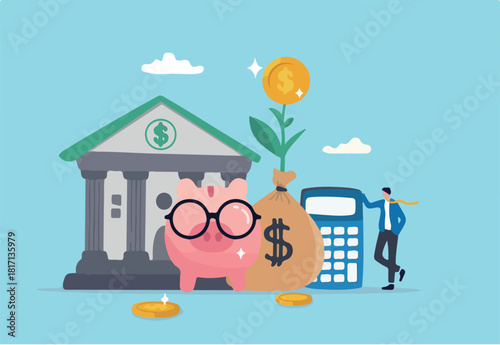 Wealth management or financial planning professional, advisor for money growth, investment portfolio or banking solution concept, businessman wealth manager with saving piggybank and money bag.