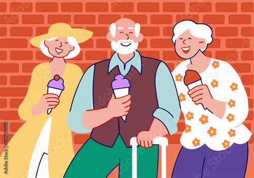 Joyful Seniors Enjoying Ice Cream Cones Against Brick Wall