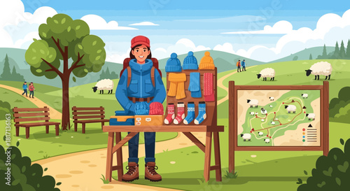Friendly vendor selling knitted goods near a scenic hiking trail map outdoors