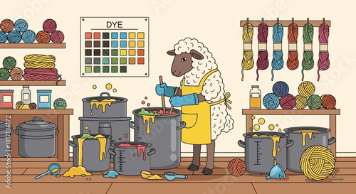 Whimsical wool dyeing workshop, a creative endeavor led by a sheep artisan