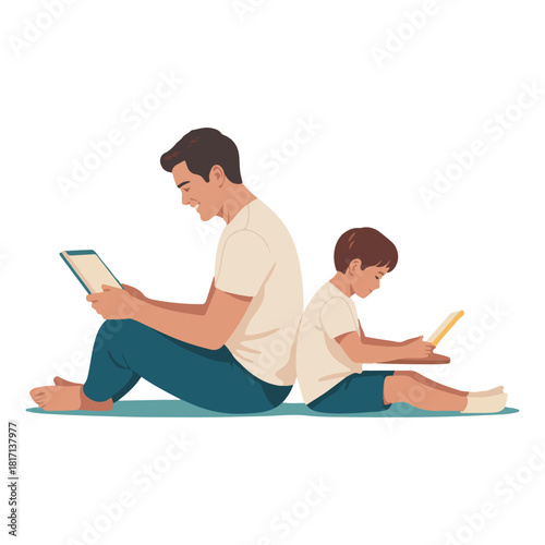 Father & Son Tablet Time Clipart – Back-to-Back Tech Bonding for Digital Learning & Family Moments