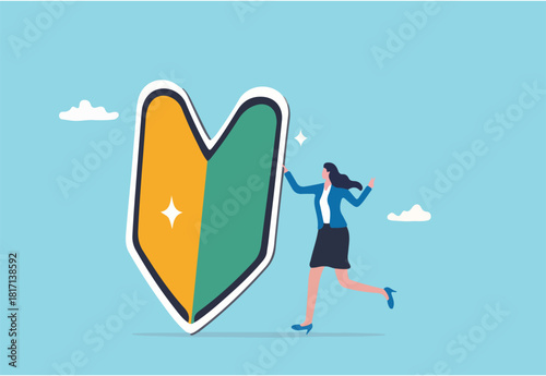 Beginner, newbie or new hire employee, start new career or job, newcomer or new graduate concept, cheerful cute young businesswoman female pose with big beginner mark.