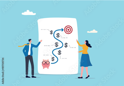 Financial planning, investment growth strategy or money management for retirement goal, budget or expense analysis to reach financial goal, people planning with piggy bank strategy to reach target.