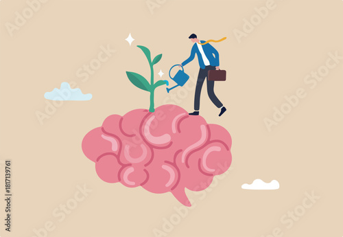 Growth mindset positive attitude to learn new thing, improvement to success, brain motivation or challenge to achieve goal, learning concept, businessman watering growth seedling on his brain.