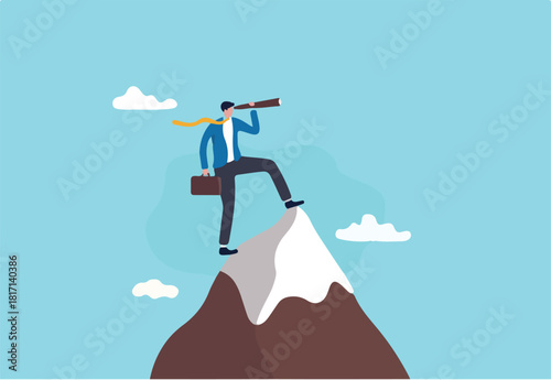 Visionary, look to see future or search for opportunity, finding way to success or discover new job or career, challenge or mission concept, businessman look through telescope to see business vision.