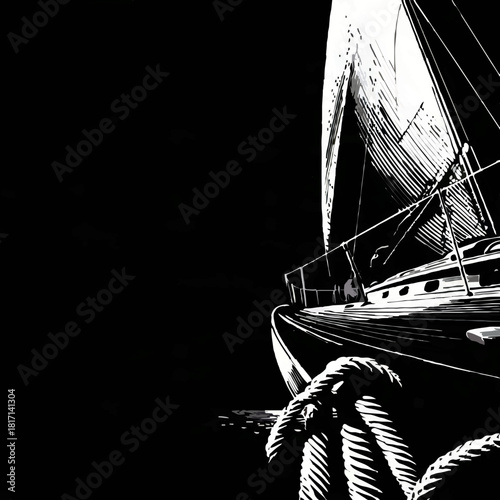 Sailboat floats on water at night, monochrome image

