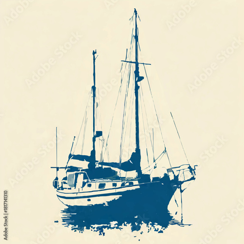 Sailboat floats on water at night, monochrome image

