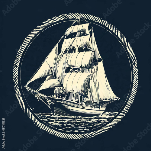 Sailboat floats on water at night, monochrome image

