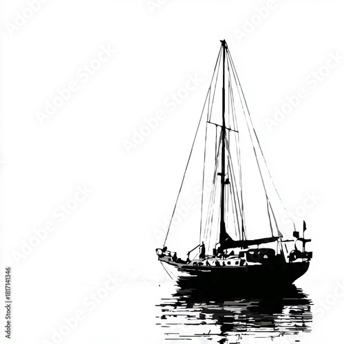 Sailboat floats on water at night, monochrome image

