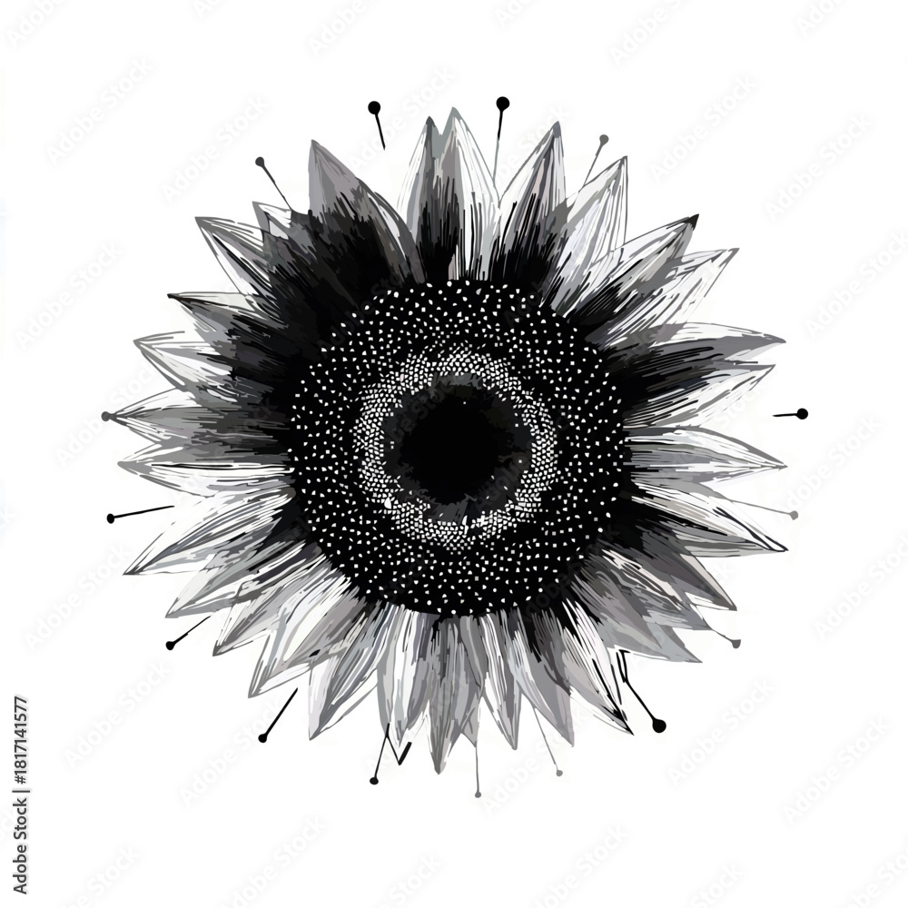 Fototapeta premium Monochrome Sunflower with Ornate Center Design