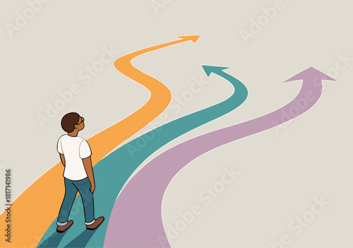 Man Stands at Crossroads of Three Colorful Paths, Symbolizing Choice and Future Direction