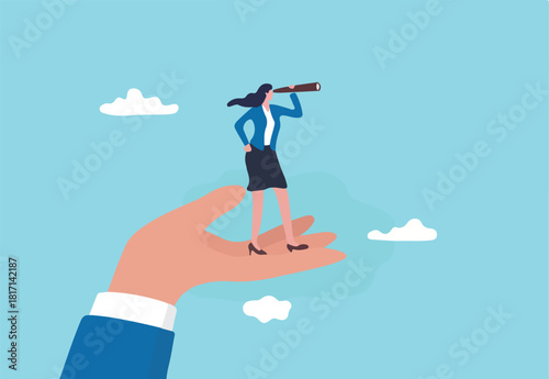 Business visionary, looking for career opportunity, female or woman leadership, business direction or discovery concept, confidence businesswoman with telescope on giant hand empower her to see future
