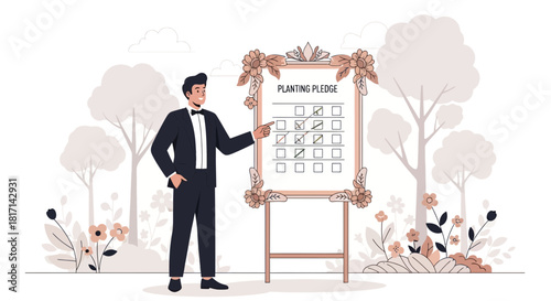 A gentleman promoting a nature-focused planting pledge on a flower-decorated board