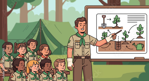 Nature lesson outdoors for young scouts, presented by a knowledgeable leader