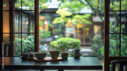 Serene tea ceremony setup by a window overlooking lush garden, invoking tranquility and cultural elegance in a traditional Japanese setting.