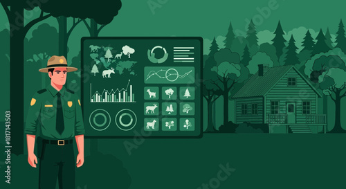Park Ranger Analyzing Forest Ecosystem Data Visualization in Green Landscape