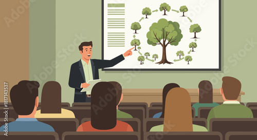 Educational presentation illustrating tree growth cycle in front of audience