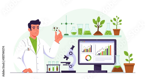 Scientist Analyzing Plant Growth Data and Conducting Botanical Research