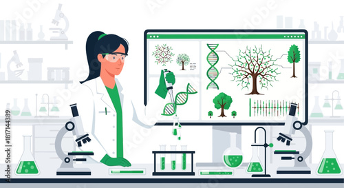 Genetic research of plants in a modern laboratory with female scientist studying dna